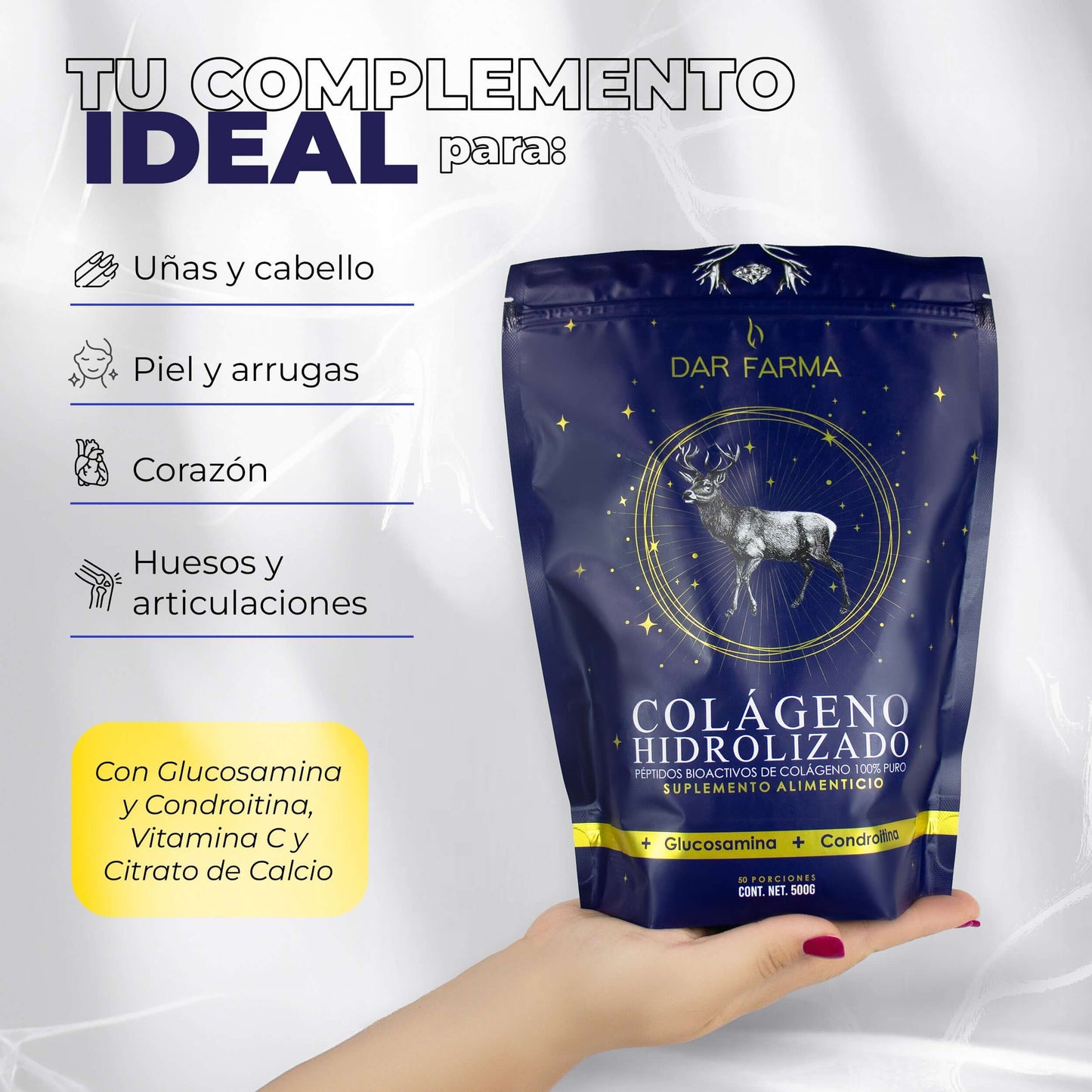 colageno hidrolizado peptidos biotina vitamina c calcio glucosamina pelo cabello uñas piel hidratacion