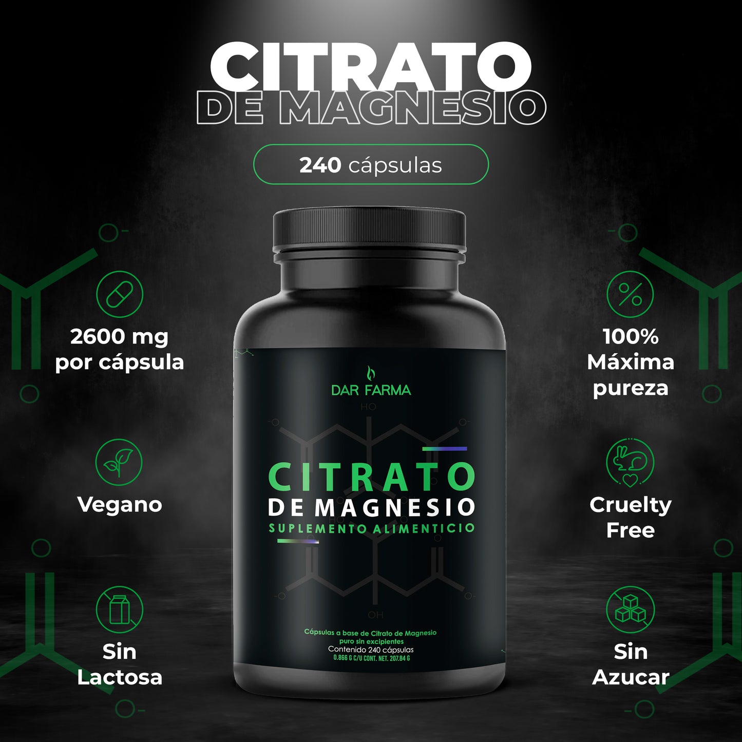 Citrato de Magnesio - 2600mg por Porción - 240 Cápsulas