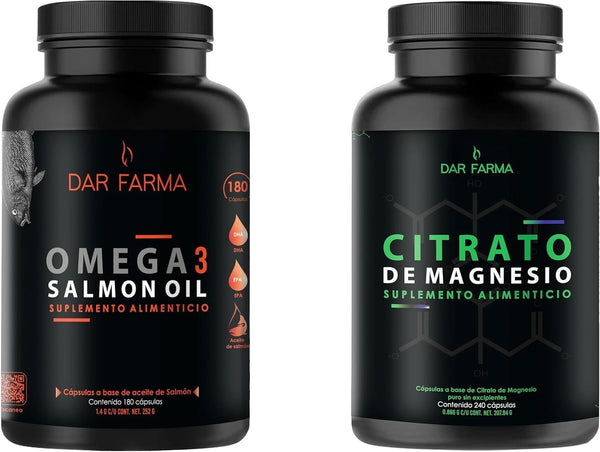 Kit Darfarma 2 Pack: Omega 3 Salmon Oil 1400mg por Porción + Citrato de Magnesio 2600mg por Porción, 180 Cápsulas de Omega-3 Vitamina E, EPA y DHA + 240 Cápsulas de Magnesio