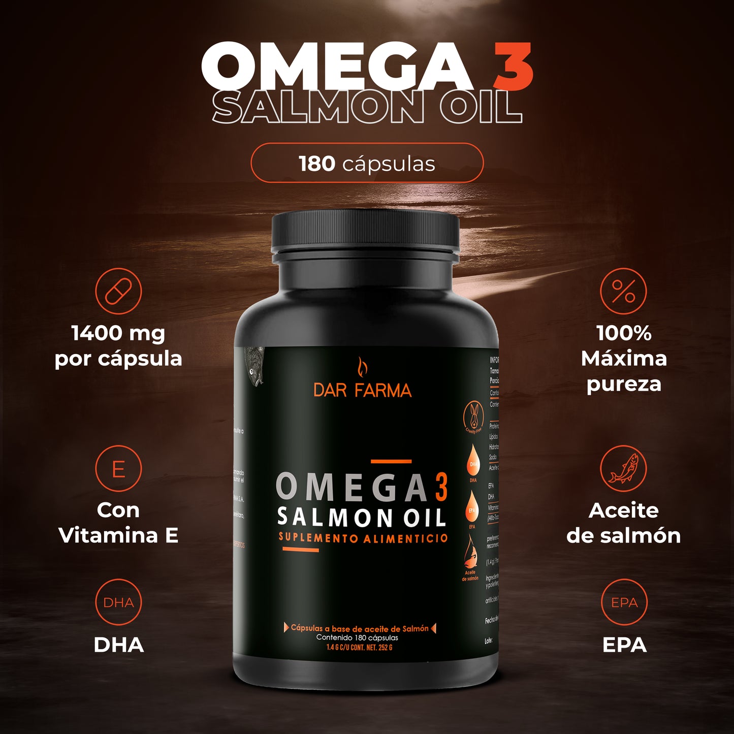 Omega 3 - 1400mg - Aceite de Salmon - EPA y DHA - 180 Cápsulas para 6 Meses - Omega-3 - Fish Oil Salmon Oil