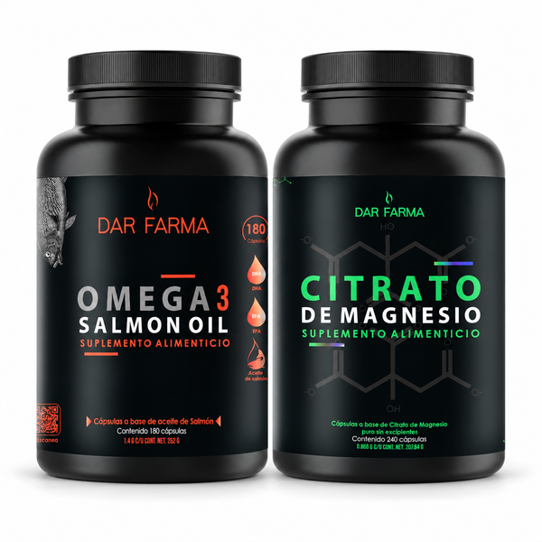 Kit Darfarma 2 Pack: Omega 3 Salmon Oil 1400mg por Porción + Citrato de Magnesio 2600mg por Porción, 180 Cápsulas de Omega-3 Vitamina E, EPA y DHA + 240 Cápsulas de Magnesio